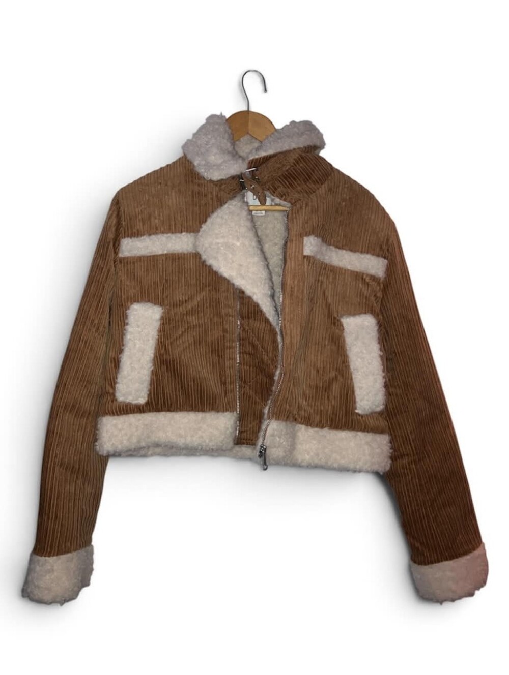 BDG Cropped Brown Corduroy Shearling Jacket with Cream Trim
